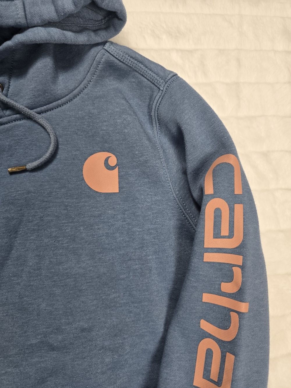 Carhartt Blue Pullover Hoodie with Pink Logo and Sleeve Print Women's Small